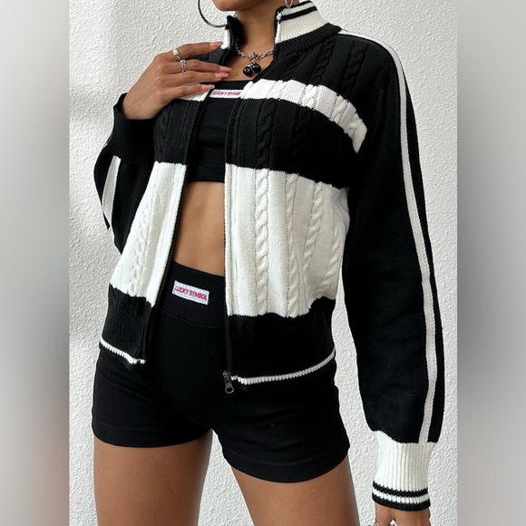 Casual front zipper long sleeve striped cardigan - Picture 3 of 5